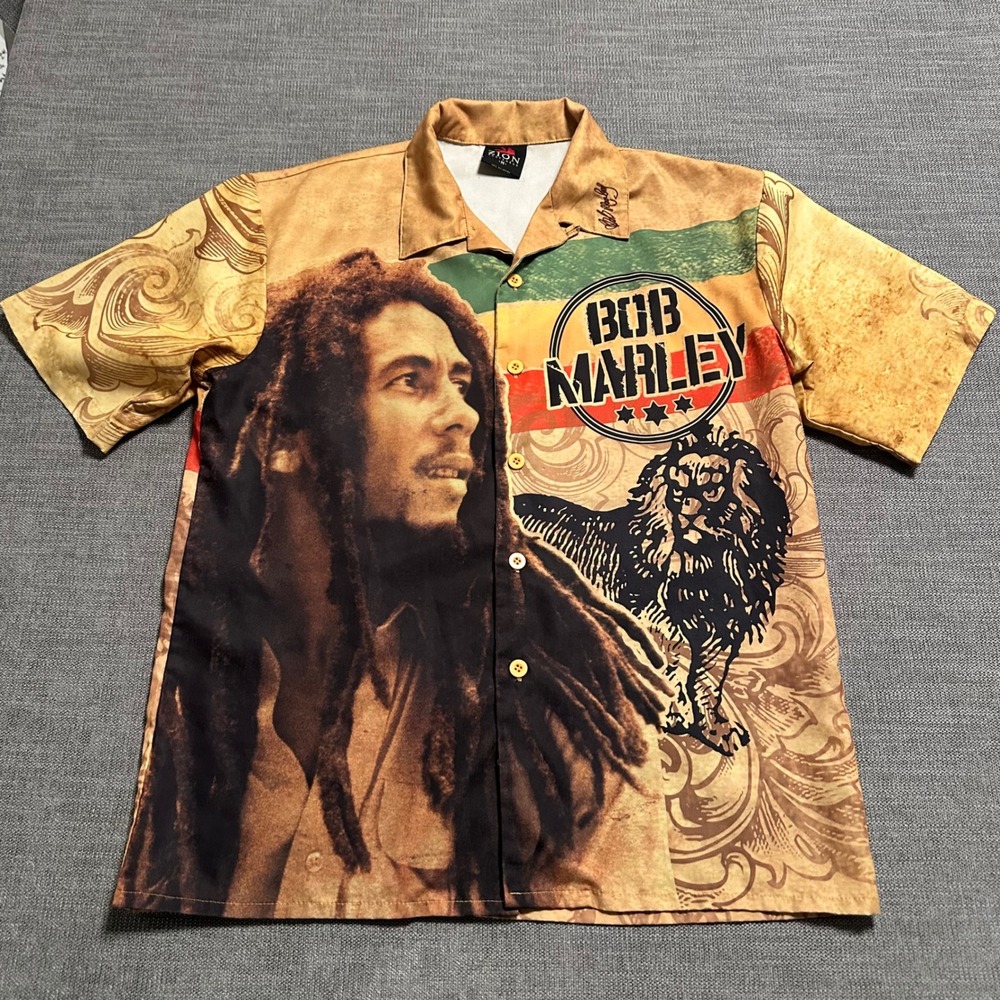 Zion Rootswear Bob Marley Shirt Mens M Tan Lion of Judah Reggae Button Up